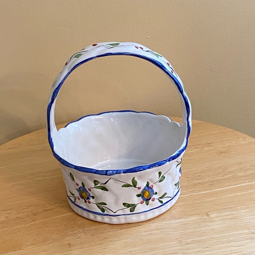 Vintage Portuguese pottery basket with handle.